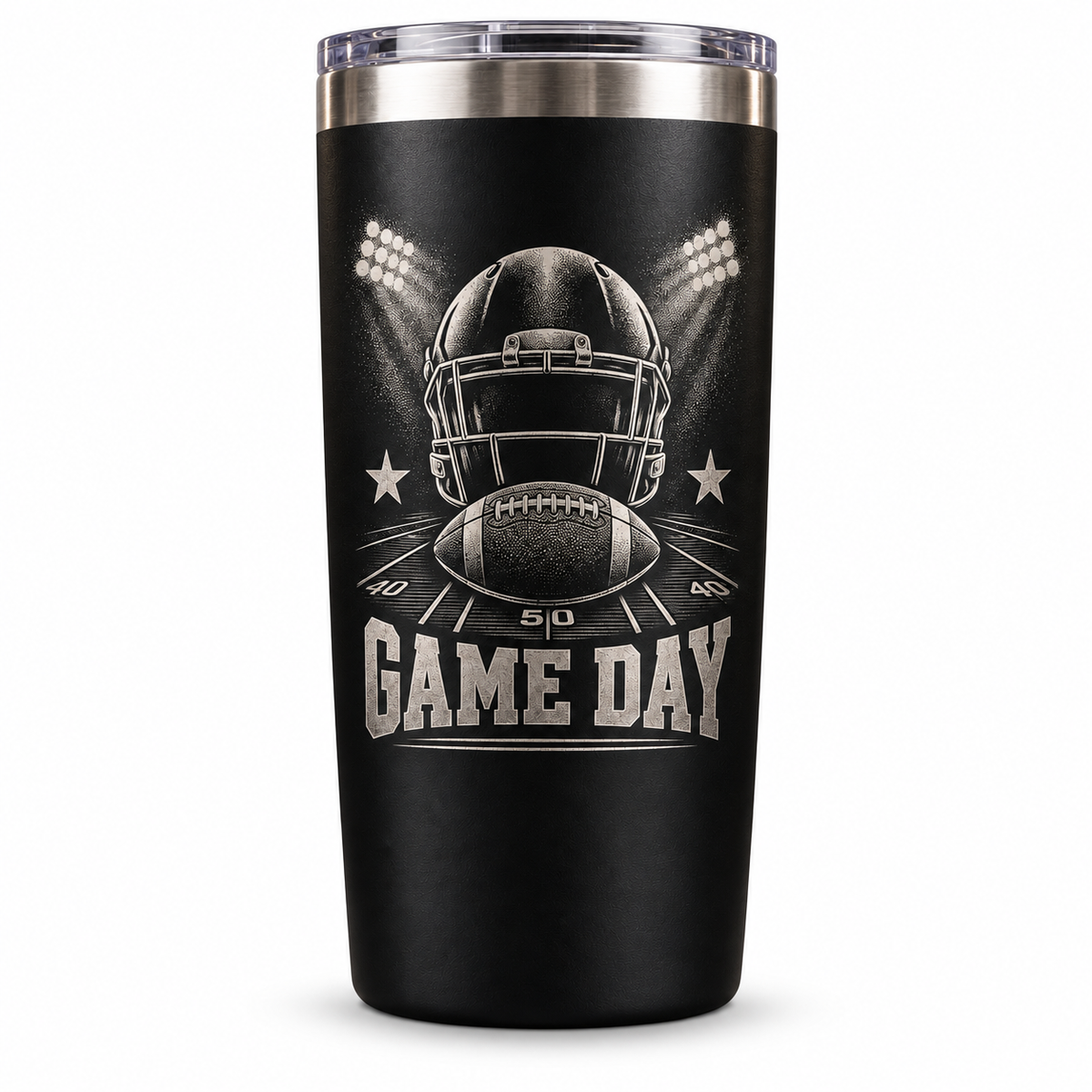 Game Day 30 oz black engraved tumbler front view on white