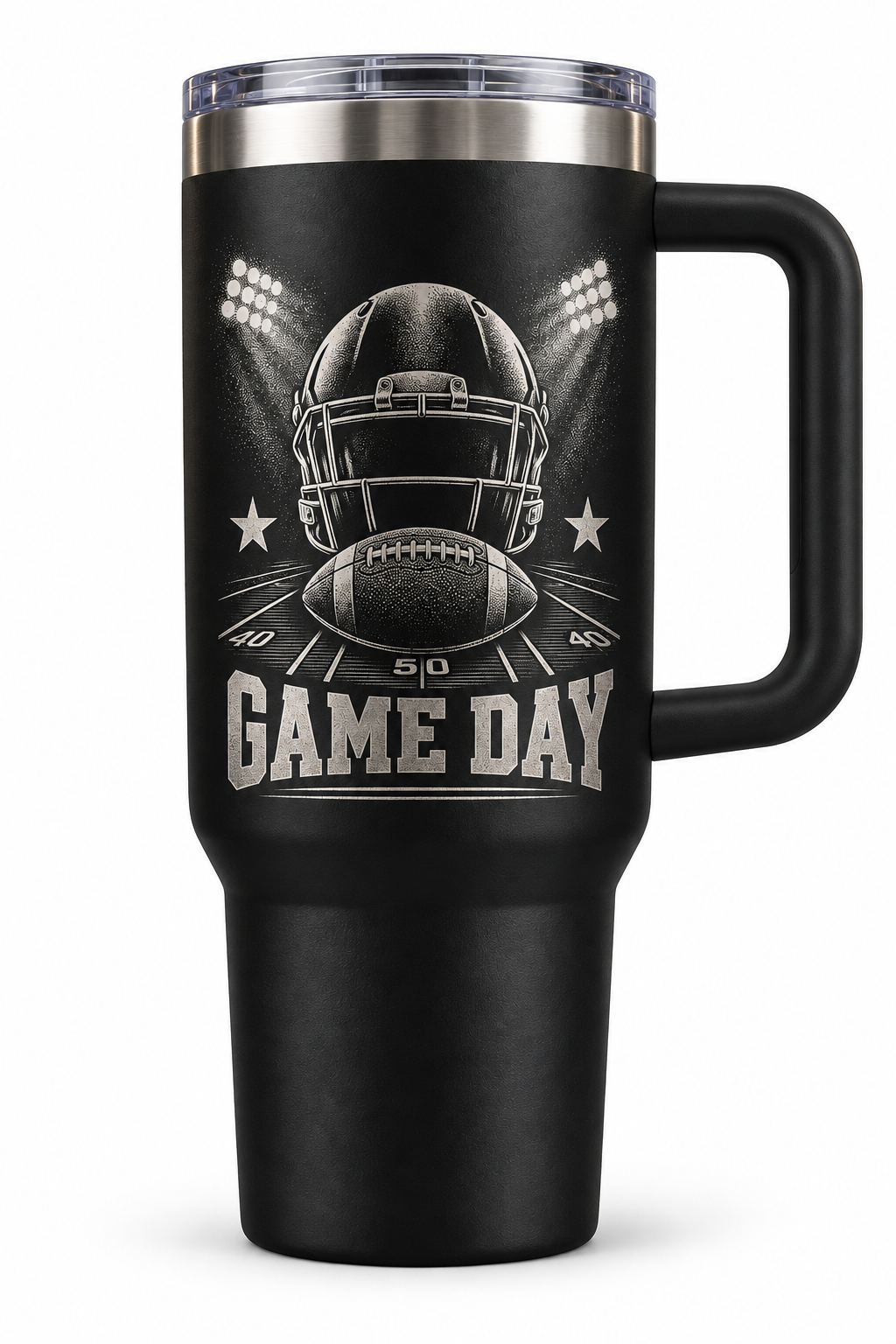 Game Day 40 oz black handled engraved tumbler front view on white