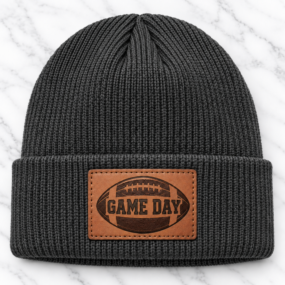 Charcoal Game Day football engraved leather patch beanie