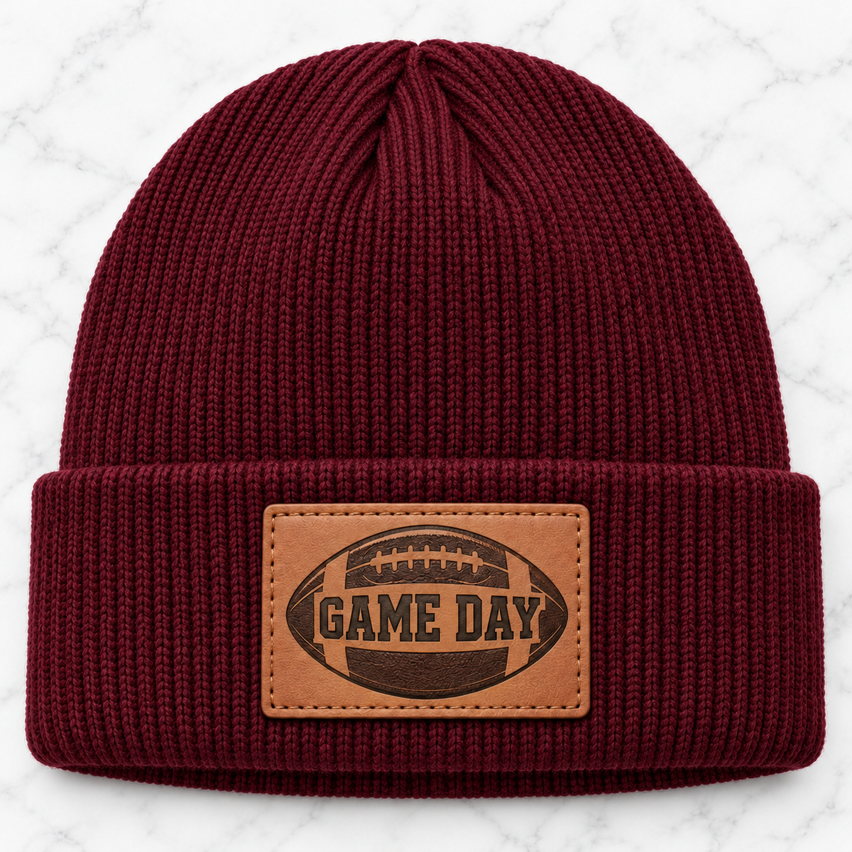 Maroon Game Day football engraved leather patch beanie