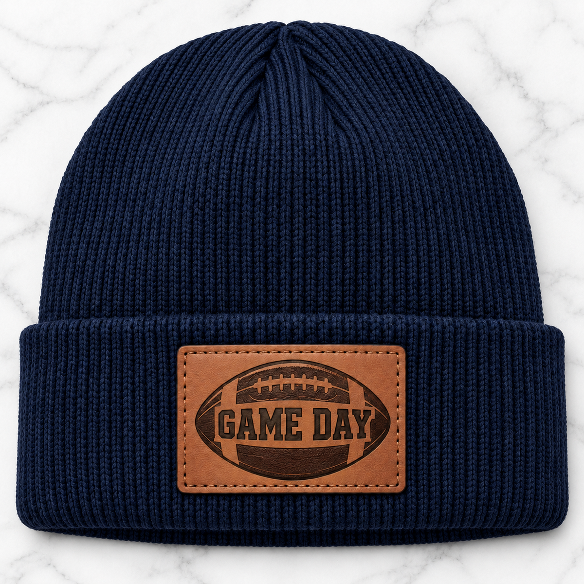 Navy Game Day football engraved leather patch beanie