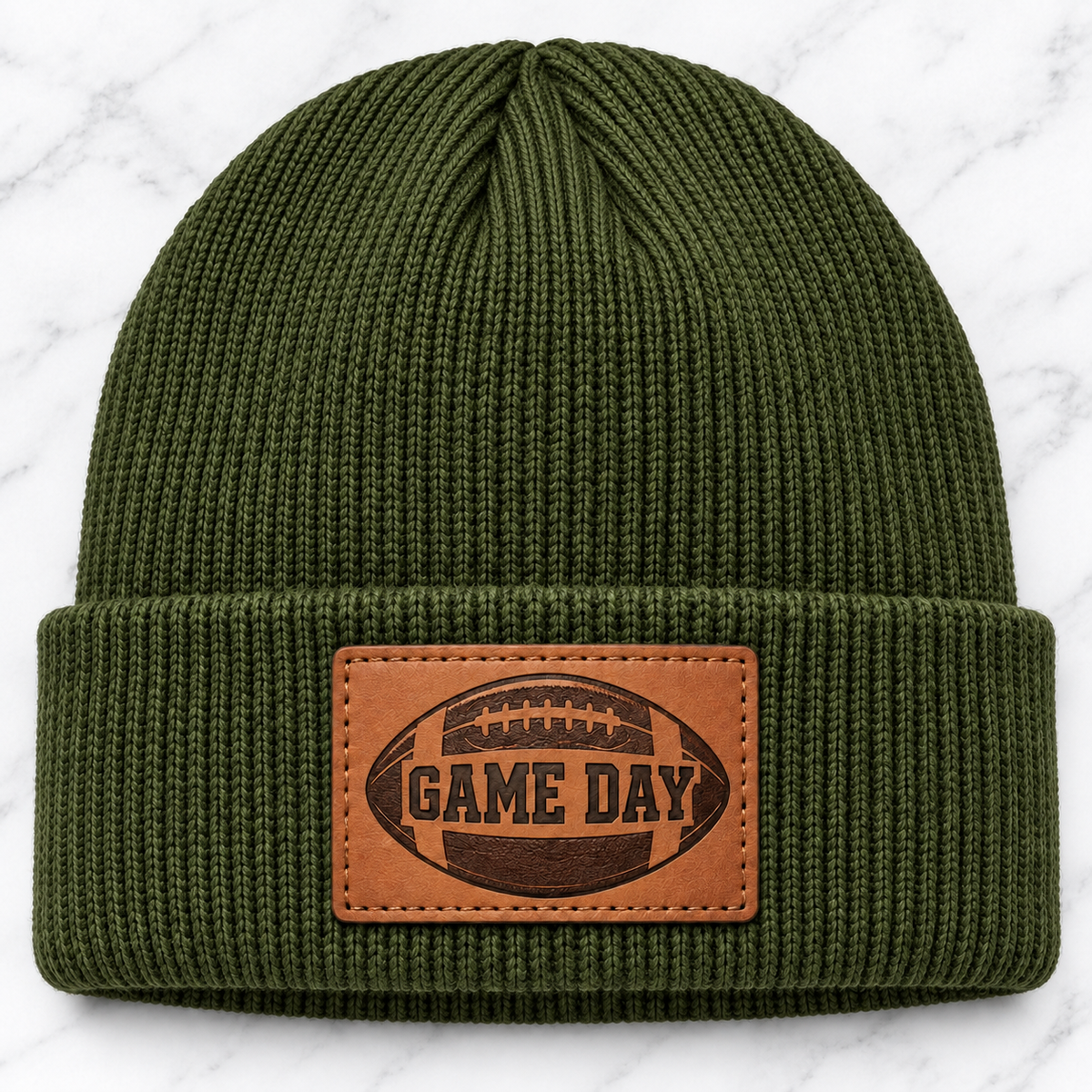 Olive Game Day football engraved leather patch beanie