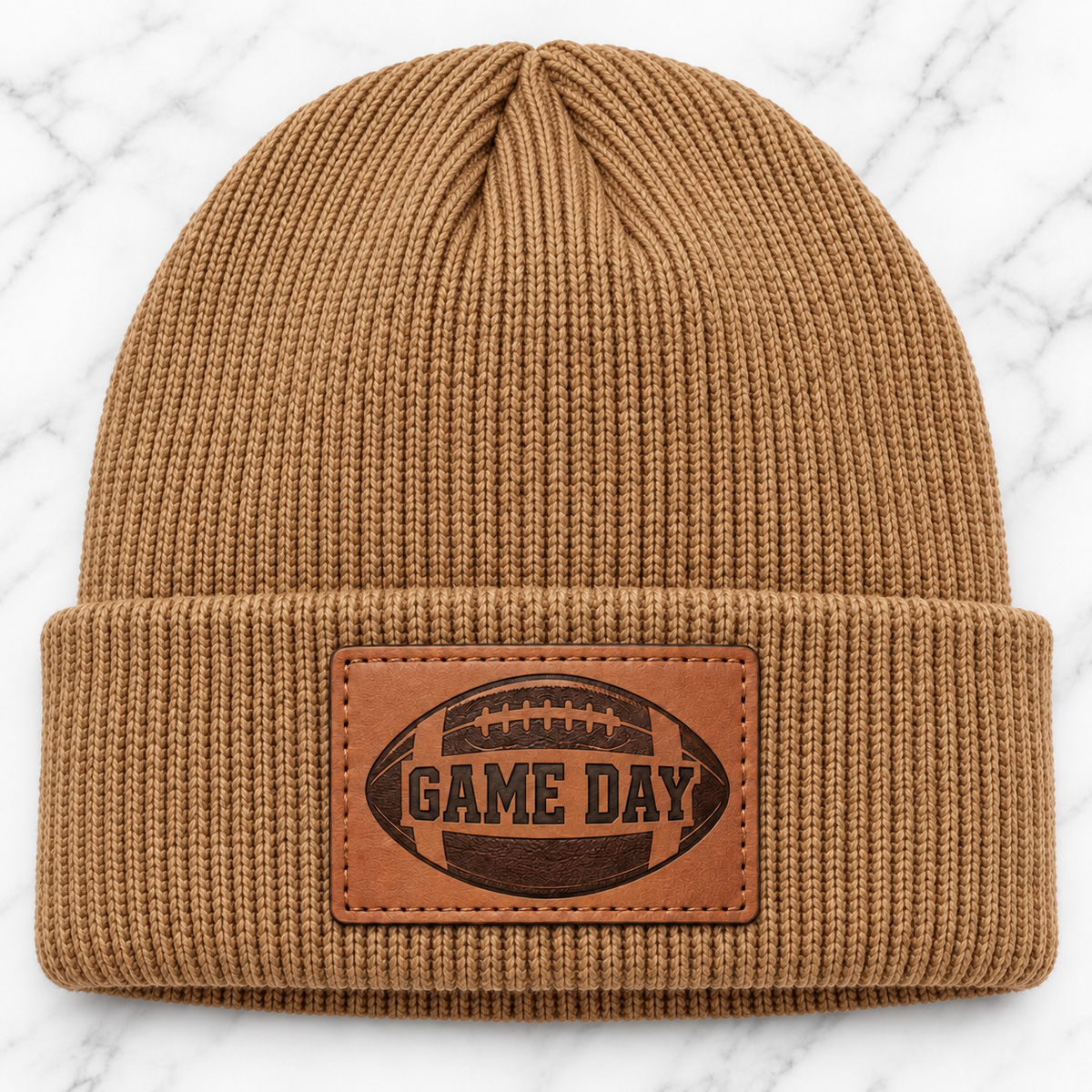 Tan Game Day football engraved leather patch beanie
