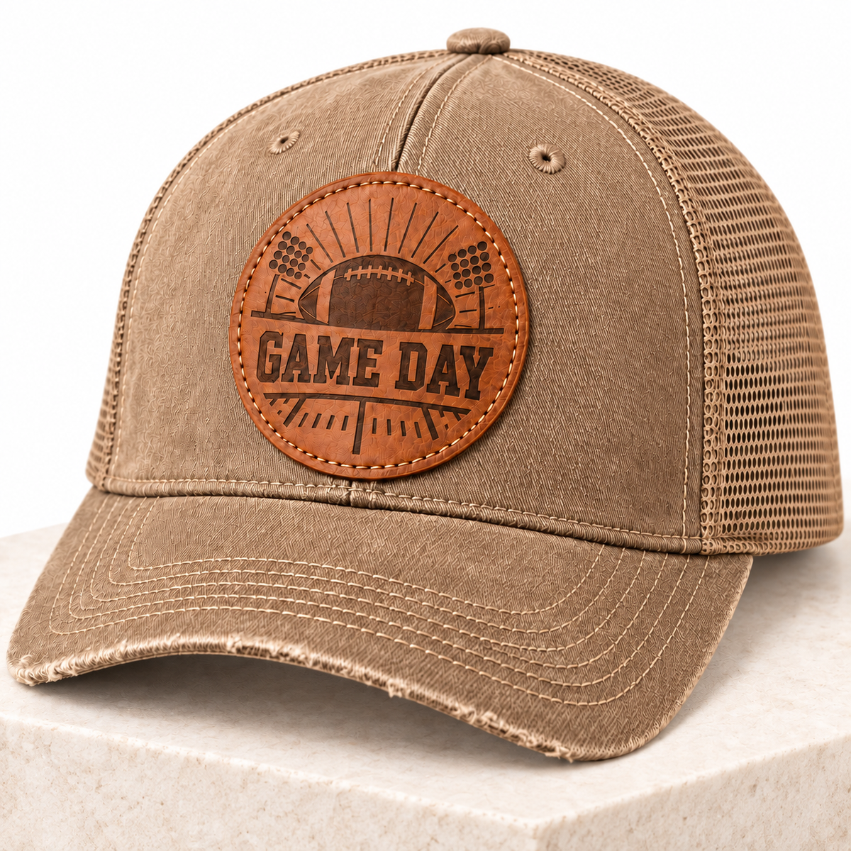 Game Day leather patch trucker hat close-up