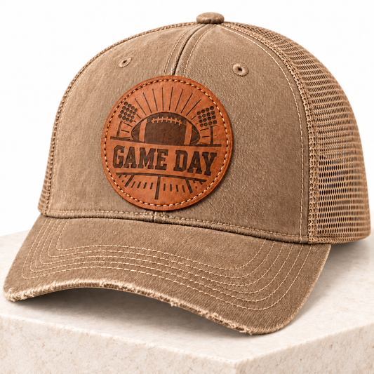 Game Day leather patch trucker hat close-up