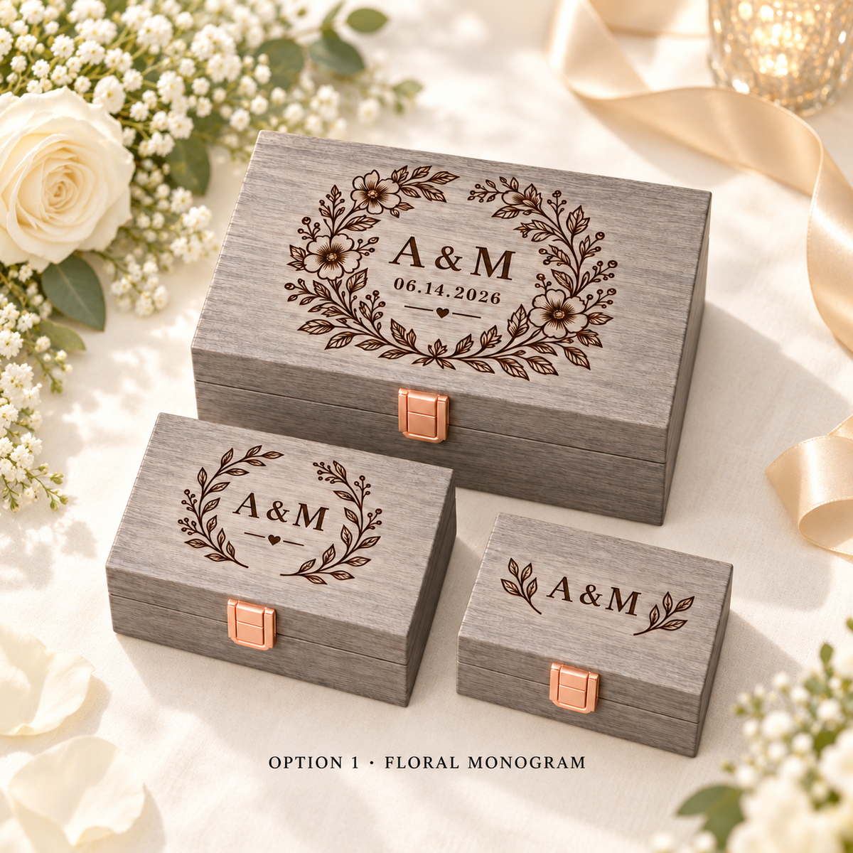Option 1 Floral Monogram gray box set in elegant wedding display - gallery view