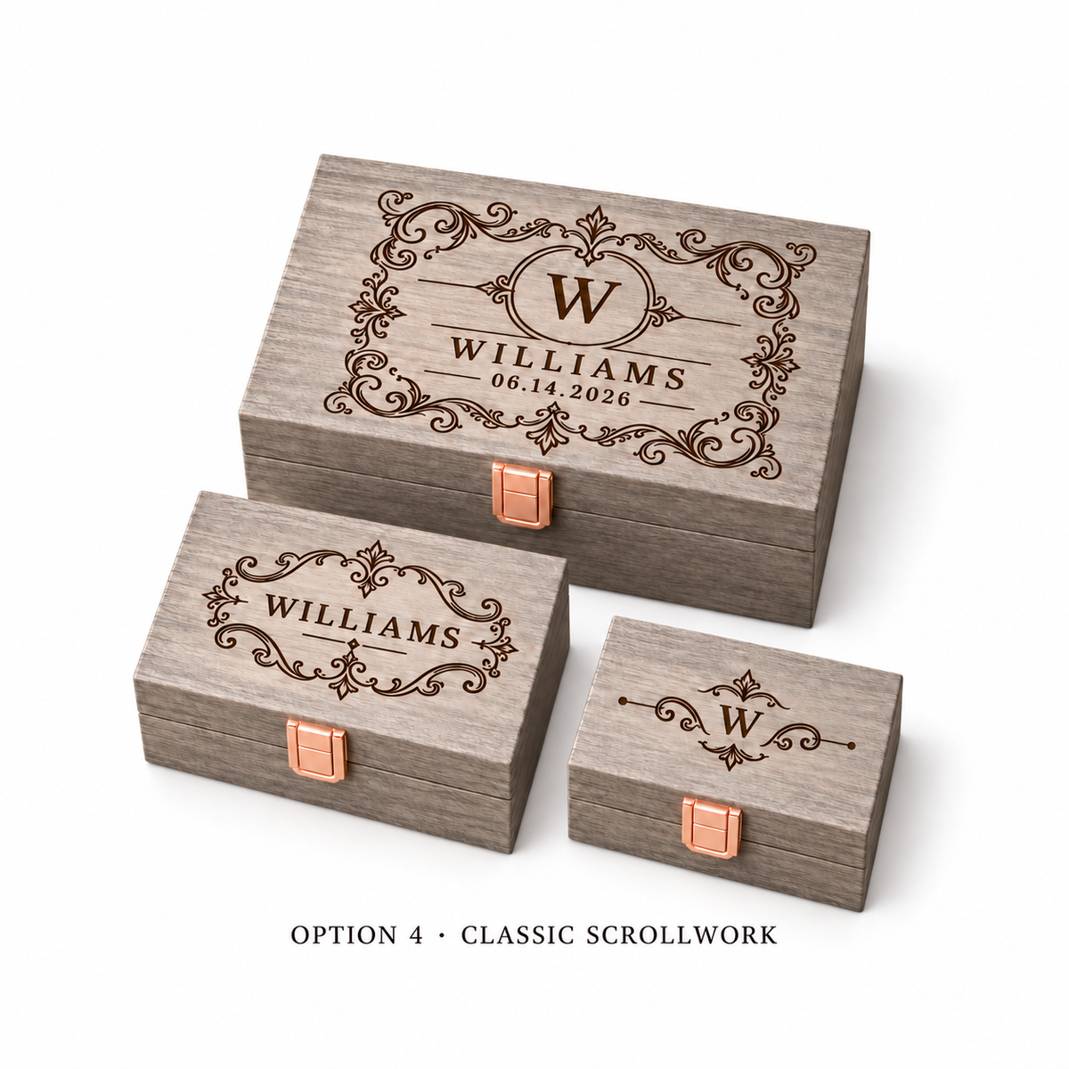 Option 4 Classic Scrollwork gray box set on white background - gallery view