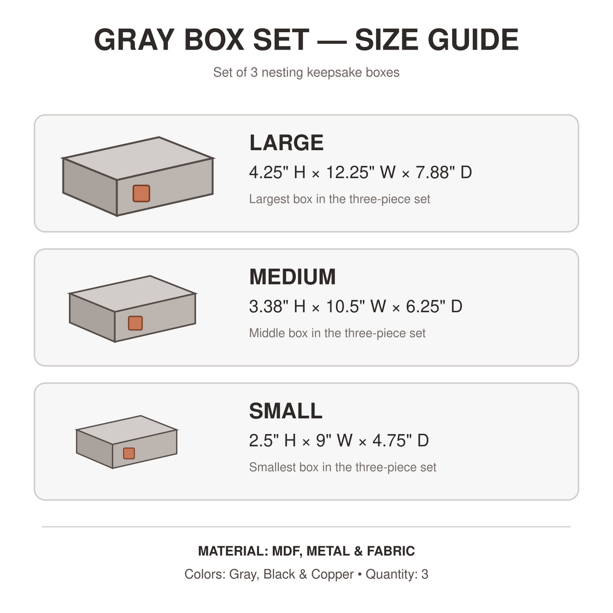 Gray box set size guide with large, medium, and small dimensions
