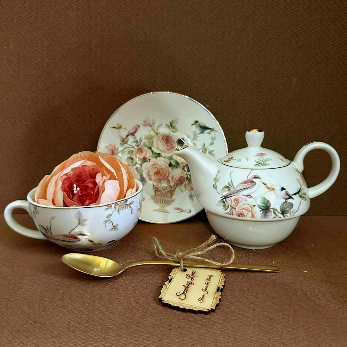 Floral Teapot Gift Set: Rose Candle, Cotton Blanket & Mini Bouquet