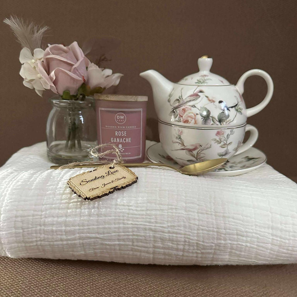 Floral Teapot Gift Set: Rose Candle, Cotton Blanket & Dried Accents