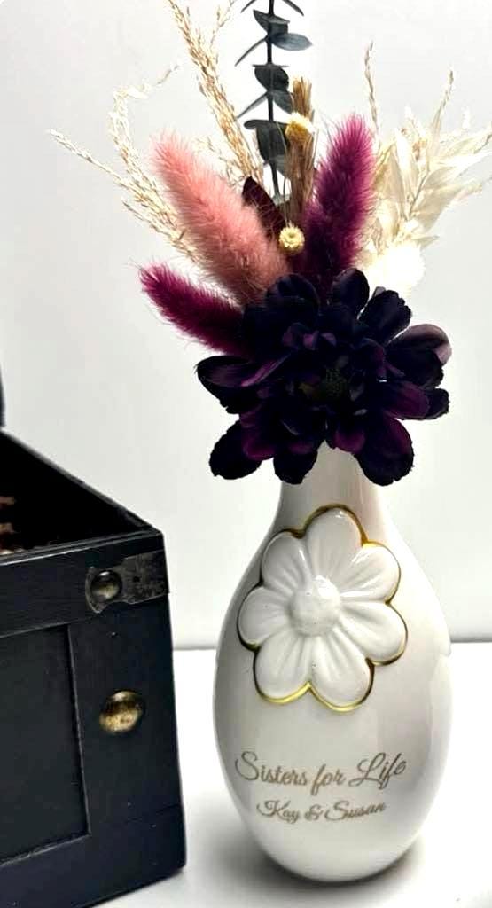 Personalized Keepsake Box with a Gift of Dried Flowers, Candle, and a Personalized Ceramic Vase to celebrate Sisterhood, Friendship, Love.