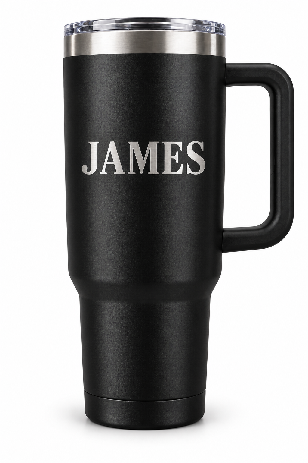 Back personalization example: JAMES on a 40 oz black handled tumbler