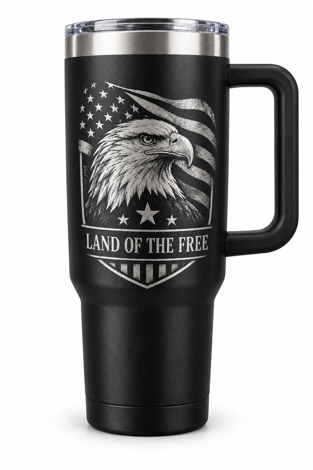 Land of the Free 40 oz black handled personalized engraved tumbler on a white background