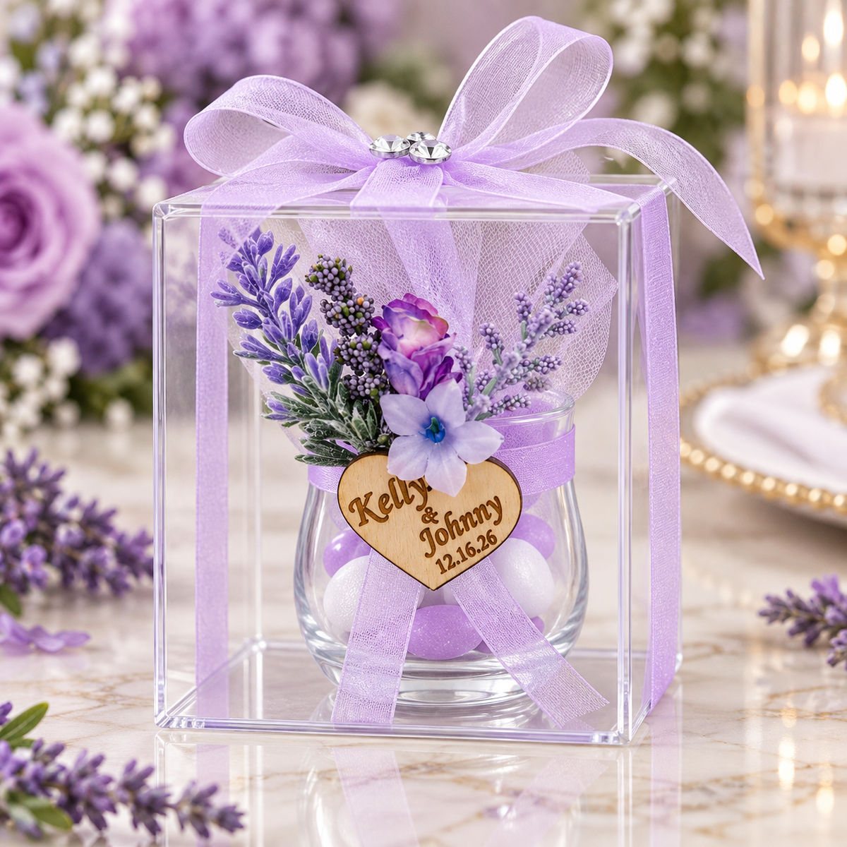 Personalized lavender wedding favor in clear acrylic gift box