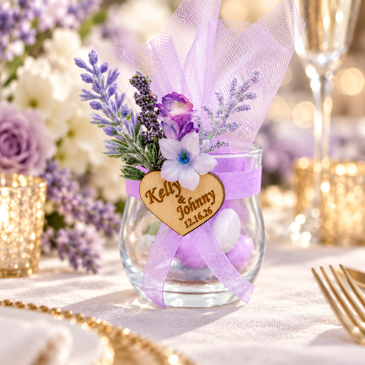 Personalized lavender wedding favor with glass jar and wooden heart tag