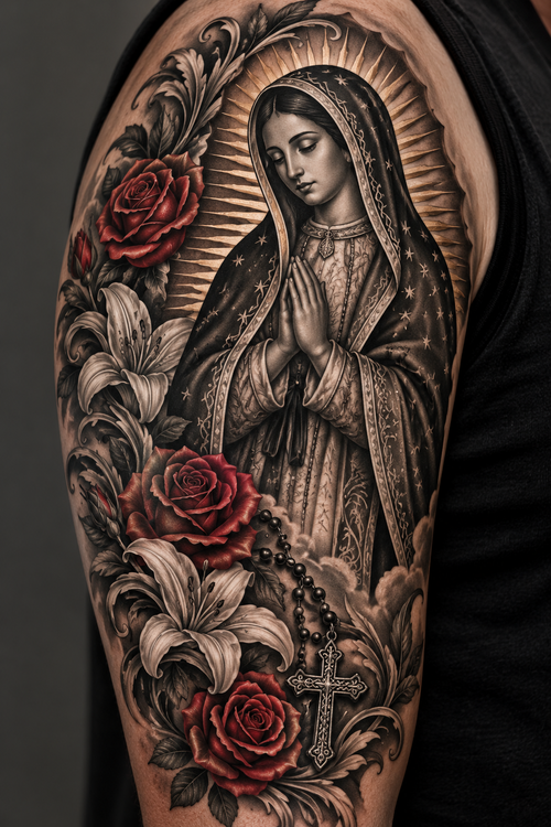 Our Lady of Guadalupe floral upper arm tattoo placement preview