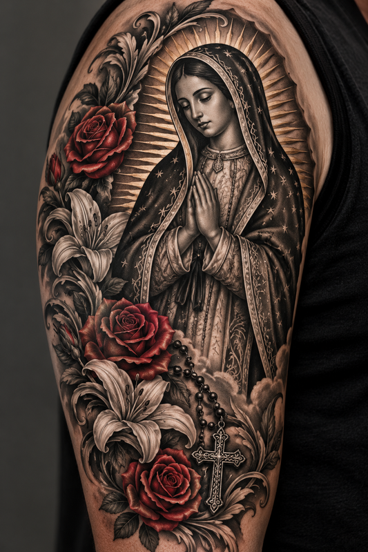 Our Lady of Guadalupe floral upper arm tattoo placement preview