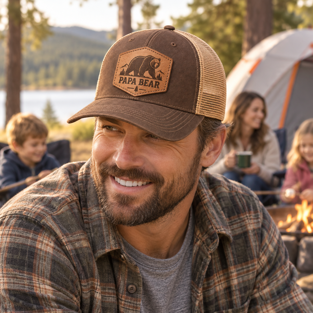 Adult model wearing Papa Bear leather patch brown and tan trucker cap