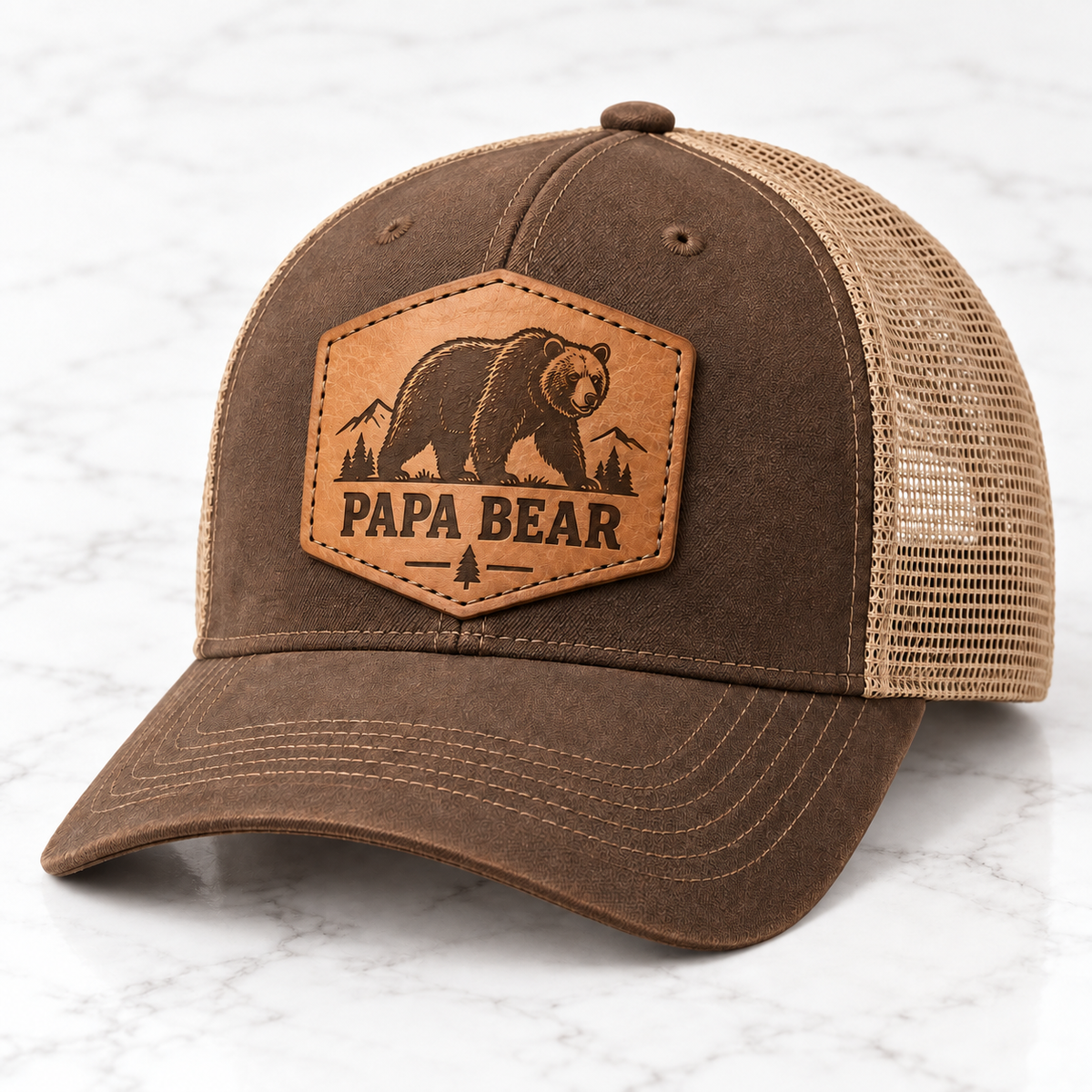 Papa Bear leather patch trucker hat on white tile