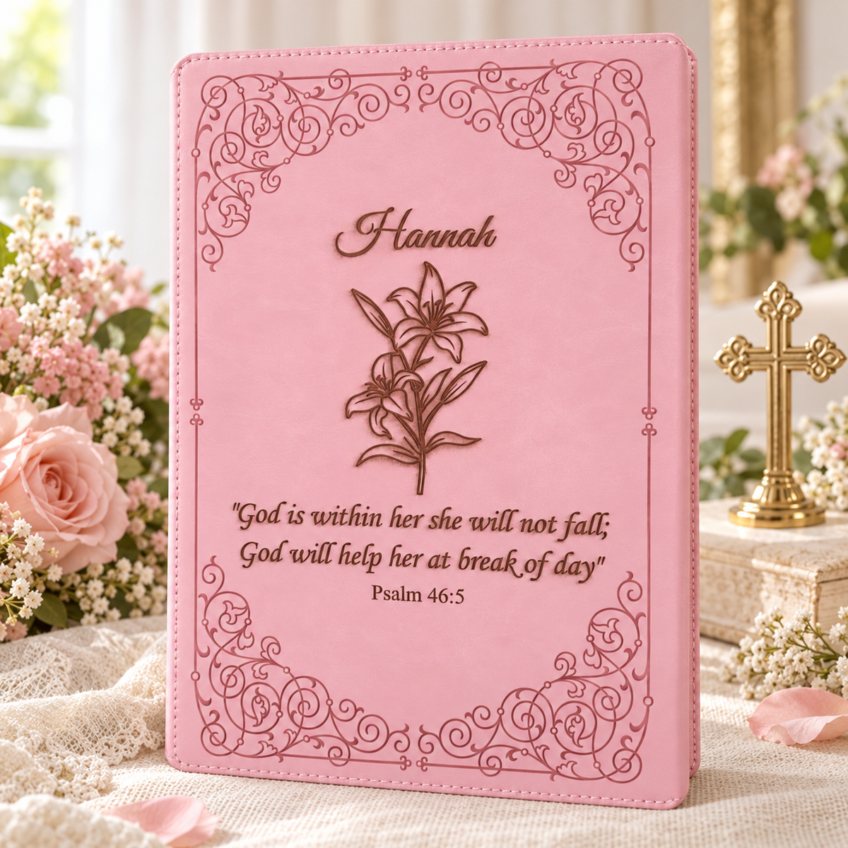 Personalized pink KJV Bible with floral gift styling