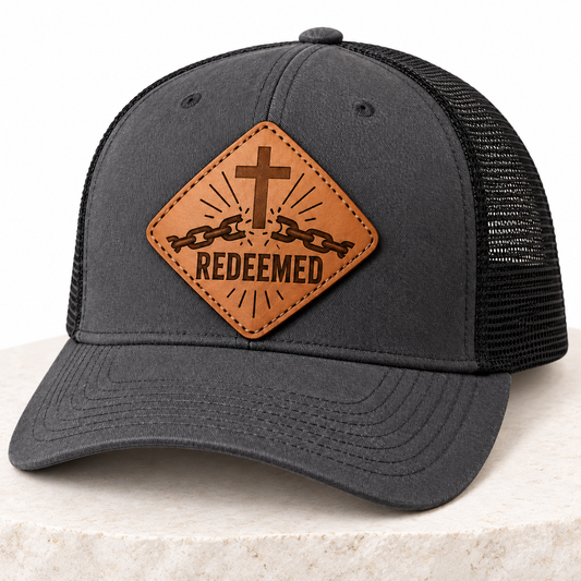Redeemed leather patch trucker hat on white tile