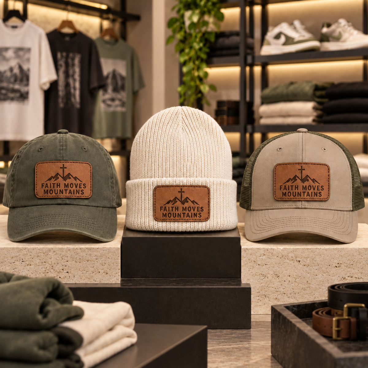 Faith Moves Mountains leather patch hats