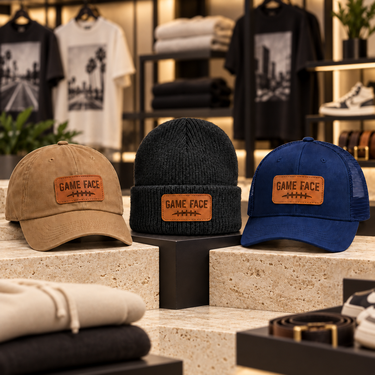 Game Face leather patch hats