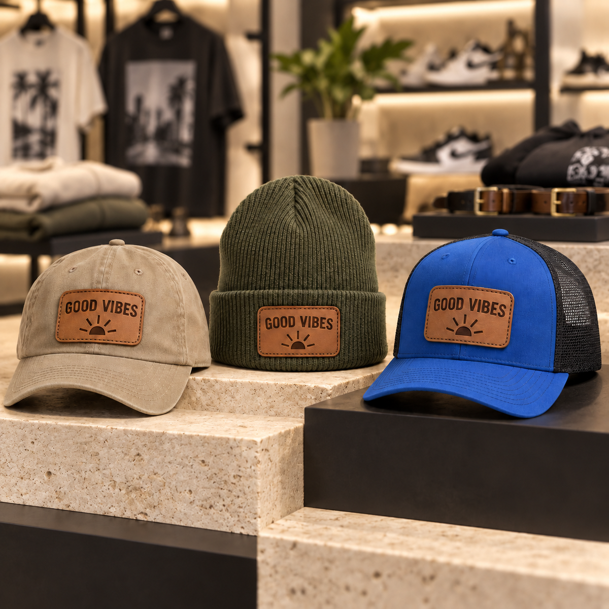 Good Vibes leather patch hats