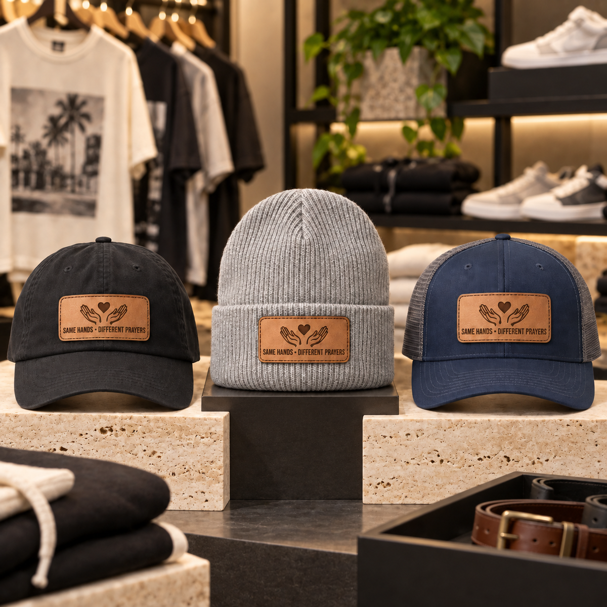 Same Hands Different Prayers leather patch hats