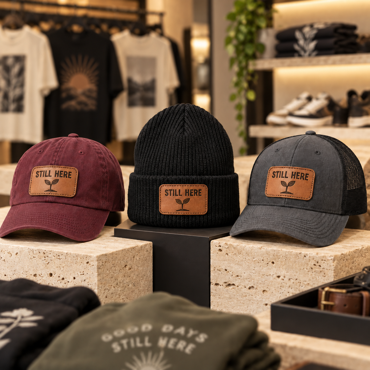 Still Here leather patch hats